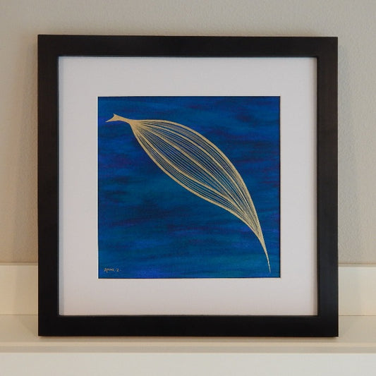 Original painting by Annazach Art. Stylized drawing of a bay leaf in gold ink against a deep blue background with hints of green. In metallic ink set against a deep blue watercolor background with hints of green, this color combination creates a perfect balance of richness and minimalism. 
