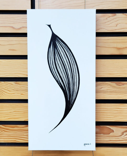 Long veins converge at the pointed end of a leaf. Clean lines in black acrylic on white canvas.