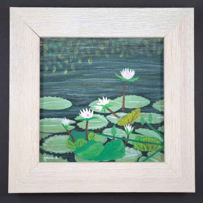 Original painting by Annazach Art. Miniature painting of a lily pond in Waimea Botanical Garden, Hawaii. 