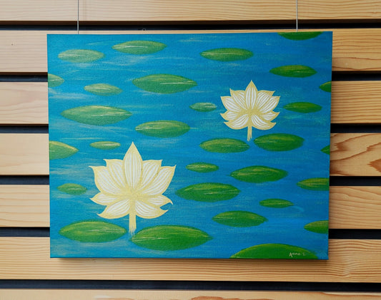 Two white lotus blossoms with golden veins rise above a deep blue pond covered in lotus leaves, with hints of gold details throughout the scene glistening in the soft moonlight.