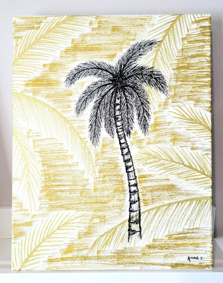 Original painting by Annazach Art. Stylized coconut palm tree in black, against a white and gold. background of palm fronds.