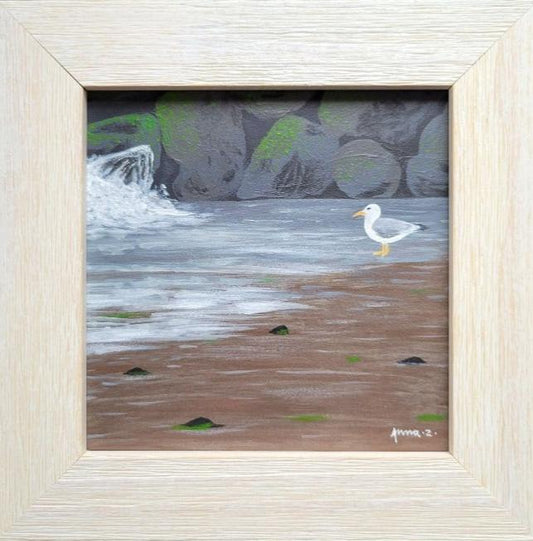 Original painting by Annazach Art. This miniature painting is based on a scene from a rocky beach on the Olympic Peninsula. A little seagull gazes contemplatively at the soft waves on a rocky beach at La Push.