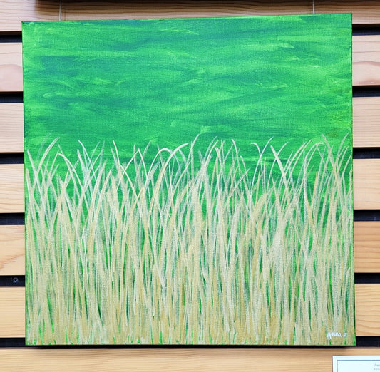 Original painting by Annazach Art. Soothing composition of golden blades of tall grass glowing against a warm green background. 