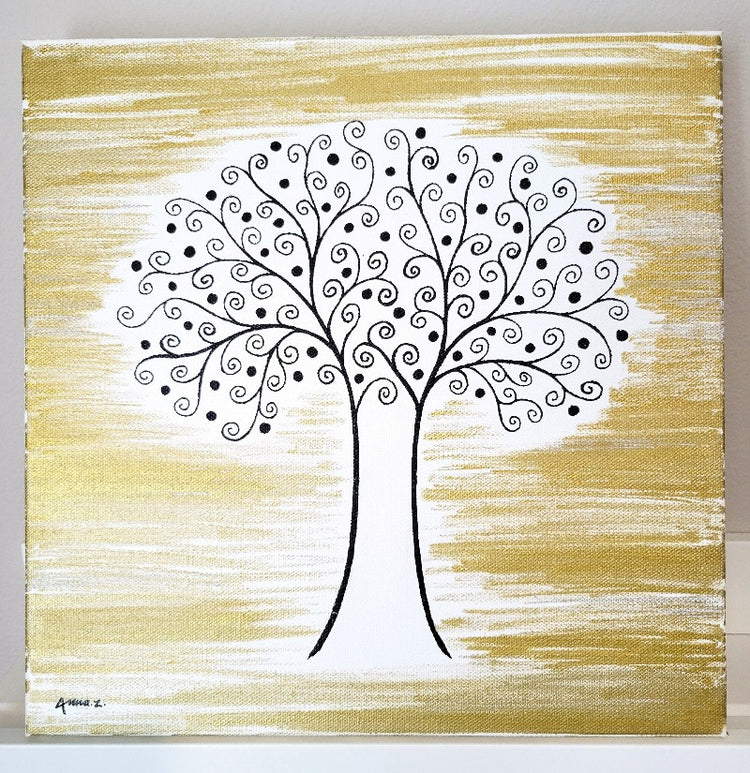 Original painting by Annazach Art. Stylized tree with swirling branches, in black, white and gold.