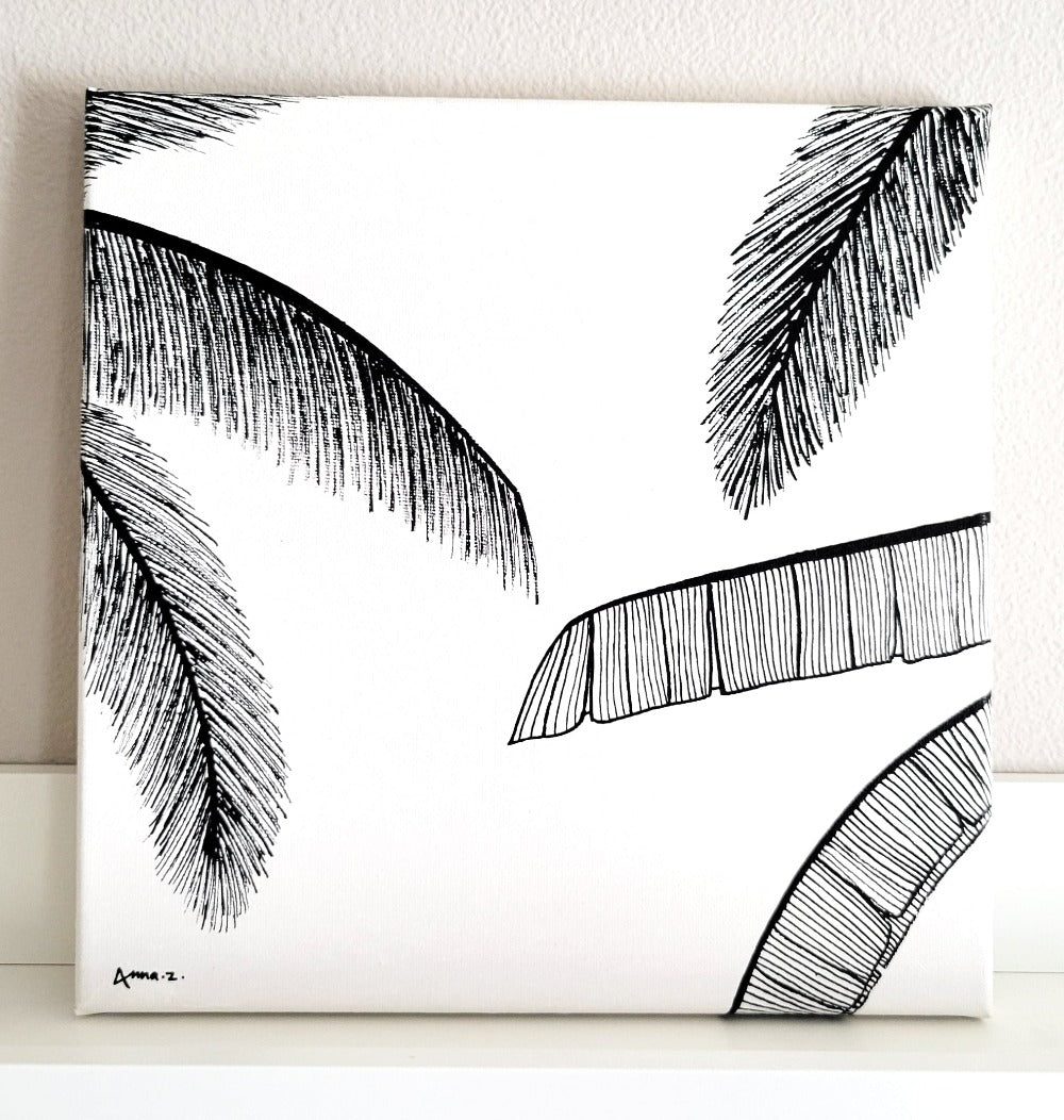 Tropical Foliage Artwork - by Annazach Art. Palm fronds and banana leaves in black acrylic on white canvas.