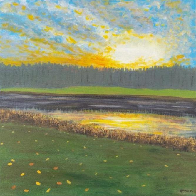 Original painting by Annazach Art. A calm river reflects a dramatic twilight sky and clouds. Tall evergreens sit beyond the far shore, while autumn leaves lie scattered along the riverbank. Inspired by a scene near the Sammamish River Trail in Western Washington.