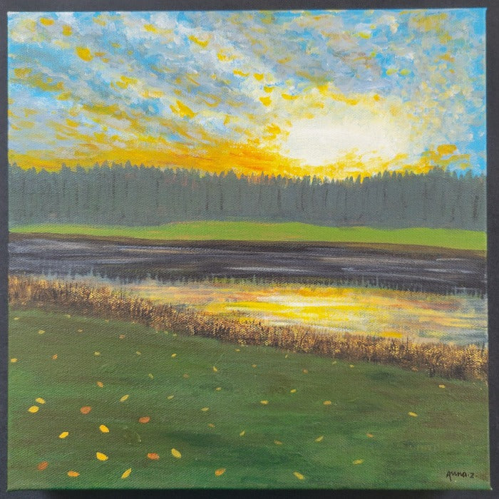 Original painting by Annazach Art. A calm river reflects a dramatic twilight sky and clouds. Tall evergreens sit beyond the far shore, while autumn leaves lie scattered along the riverbank. Inspired by a scene near the Sammamish River Trail in Western Washington.
