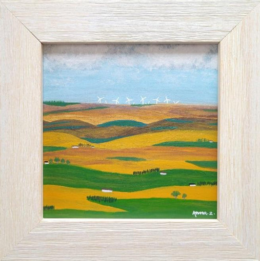 Original painting by Annazach Art. Miniature landscape painting of wind turbines spinning beyond the rolling hills in the horizon